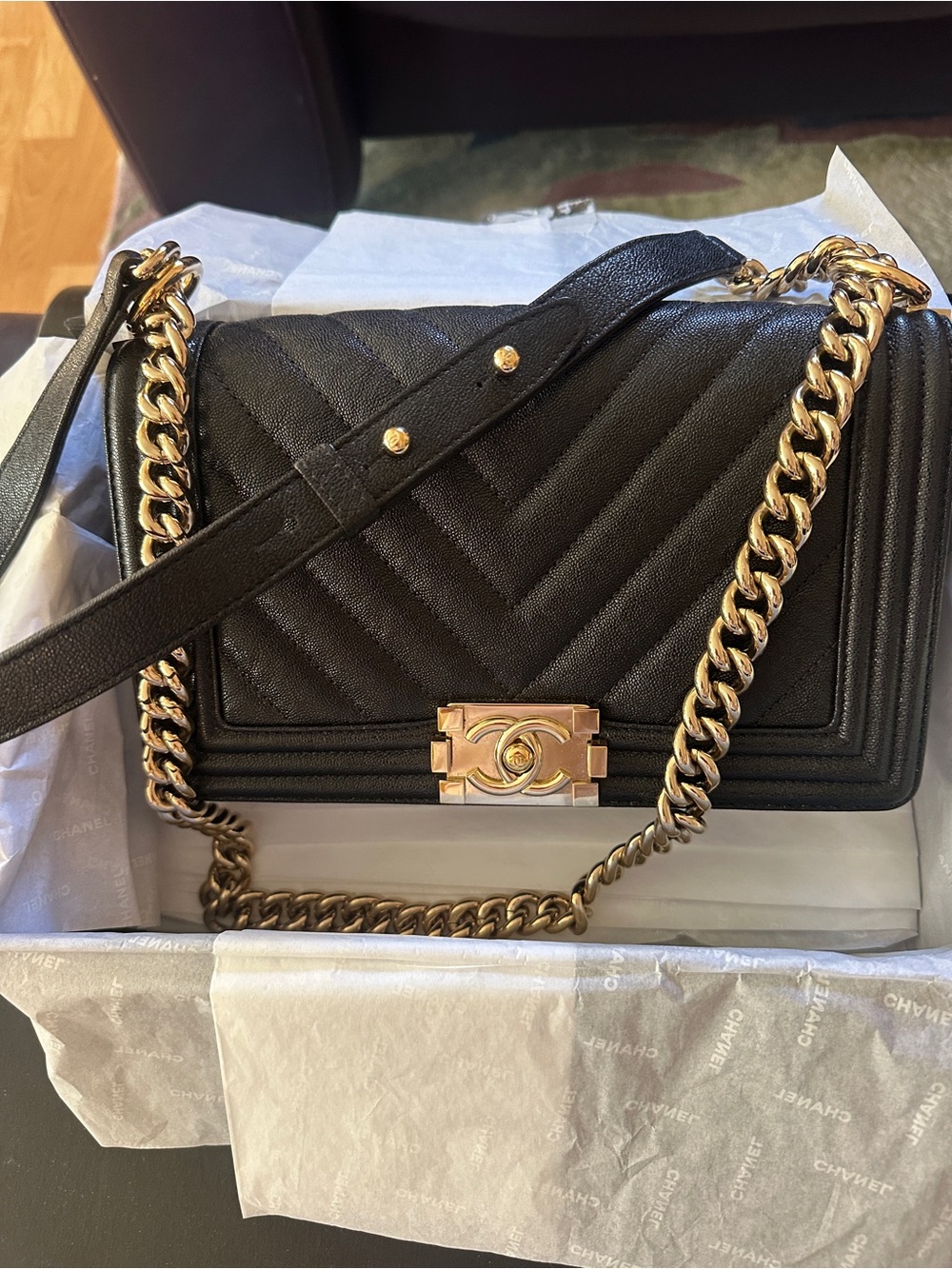 CHANEL Black Quilted Shoulder Bag with Gold Hardware